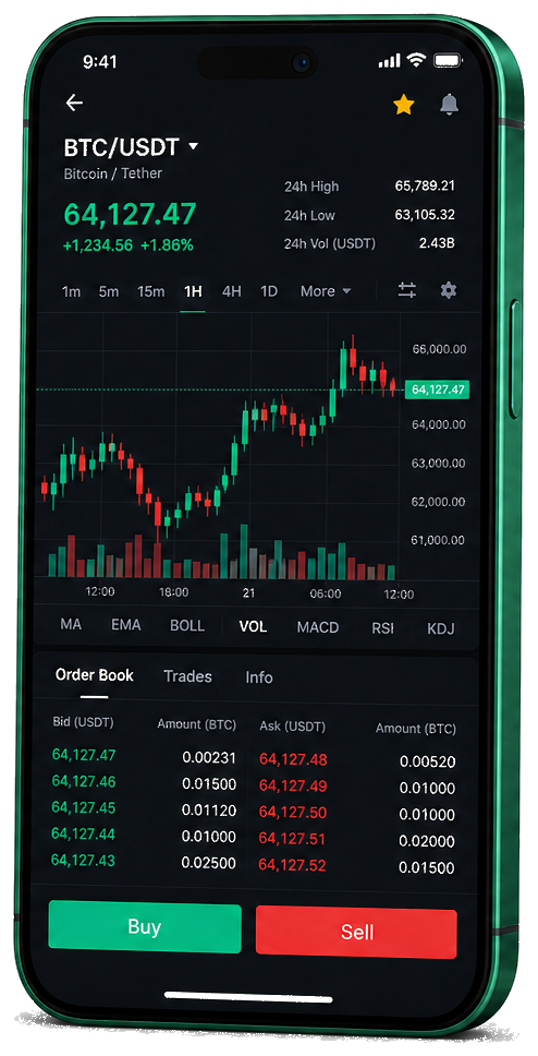 Interface mobile de trading LeperixFin — cours BTC/USDT en direct, carnet d’ordres et outils de suivi des opérations